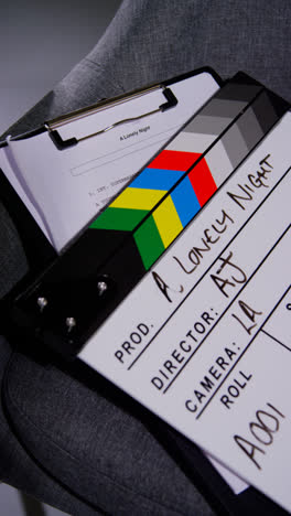 Vertical-Video-Close-Up-Of-Film-Clapperboard-Or-Slate-With-Production-Details-And-Script-Shooting-Movie-Or-Video-In-Studio-2